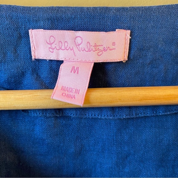 Lilly Pulitzer Blue Embroidered V Neck 100% Linen Blouse Women’s Size Medium - Picture 8 of 13